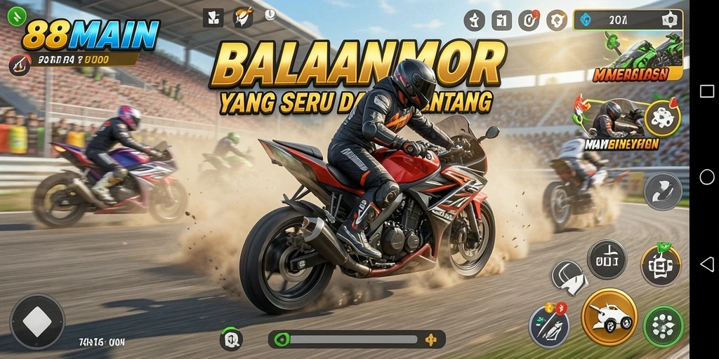Tampilan utama gameplay <strong>88MAIN</strong> yang menampilkan aksi balapan motor yang seru.