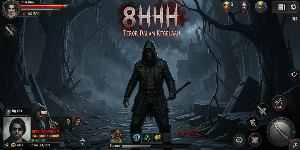 Screenshot gameplay 8HHH yang penuh ketegangan dan teror.