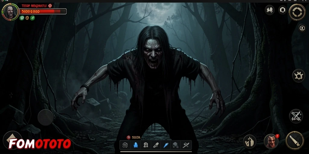 Screenshot utama FOMOTOTO menampilkan suasana mencekam dari gameplay horornya.